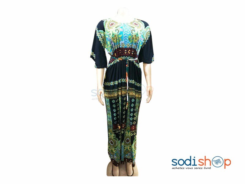 Robe Ceinturée - Imprimé Classique Couleur Noir et Vert Pour Femme MKS00133