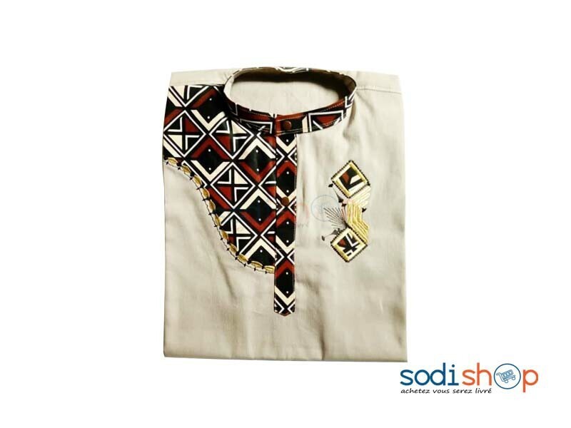 Habit Pour Homme - Chemise en Tissu Motif Africain Couleur Beige et Rouge OD00154