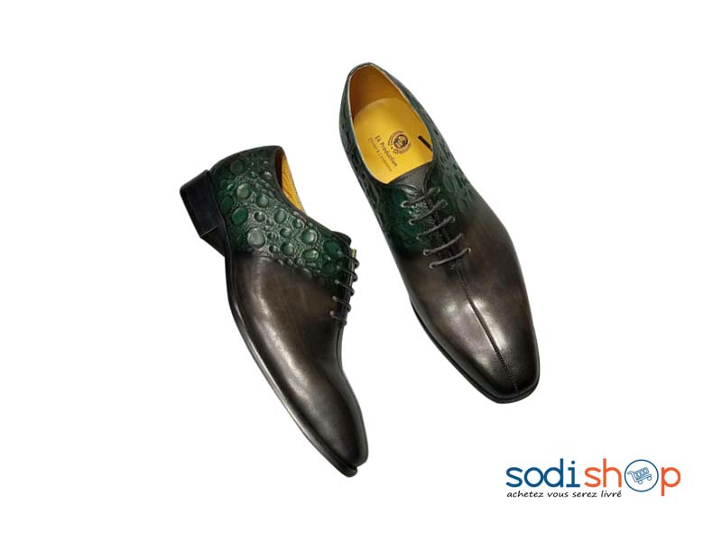 Soulier en Cuir SK Production Motif Peau de Lézard – Chaussures de Style Couleur Noir et Vert KO00124
