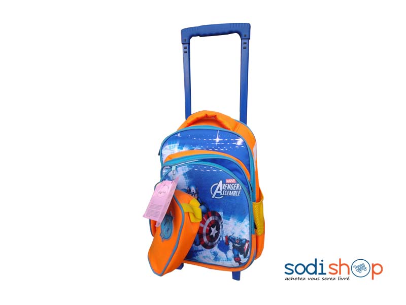 Sac à Dos Pour Enfant + Pochette - Imprimé Avengers avec Poignée de Traction Couleur Bleu et Orange DM00157