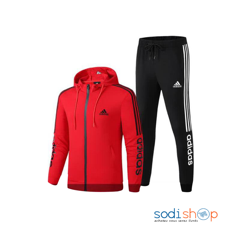 Sweat à Capuche + Pantalon Jogging Adidas Sport - Survêtements Couleur Rouge et Noir WA0021