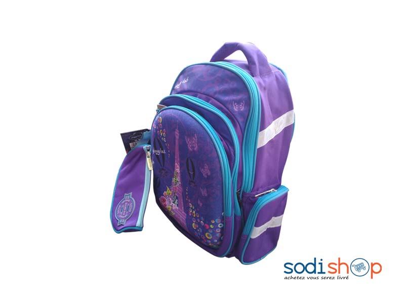 Sac à Dos Scolaire Imprimé Tour Eiffel + Pochette Pour Enfant - Couleur Violet DM00157 – Image 2
