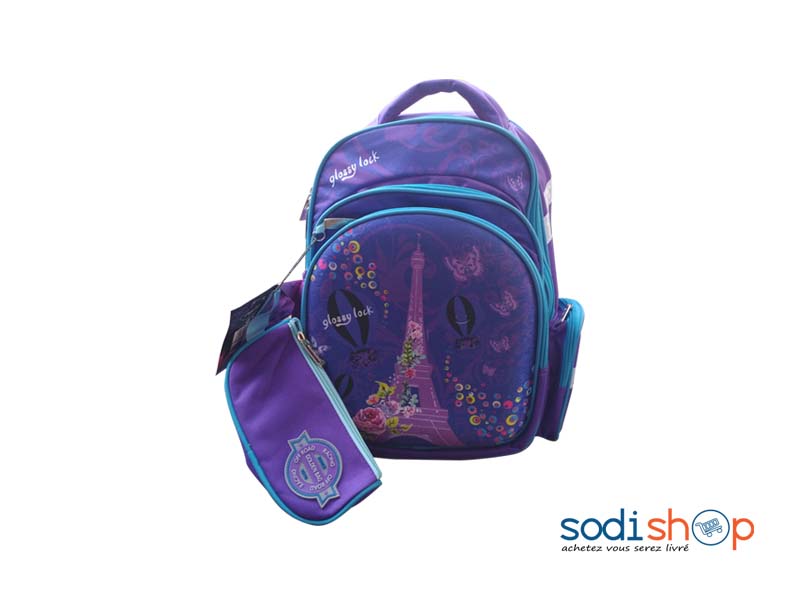 Sac à Dos Scolaire Imprimé Tour Eiffel + Pochette Pour Enfant - Couleur Violet DM00157