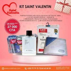 Kit Saint Valentin 4 Coffrets Cadeaux Pour Lui - Parfum Zara Seoul 532-8 100ml + 3 Boxers Caleçons + Débardeurs 3 Pièces et Porte-Monnaie BOVI’S SODI00