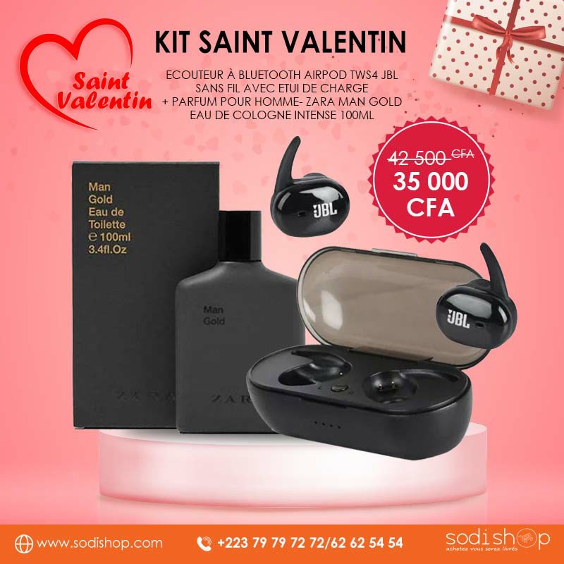 Kit Saint Valentin Cadeaux Pour Lui - Écouteurs Bluetooth AirPods JBL TWS4 + Parfum Zara Man Gold 100ml SODI00