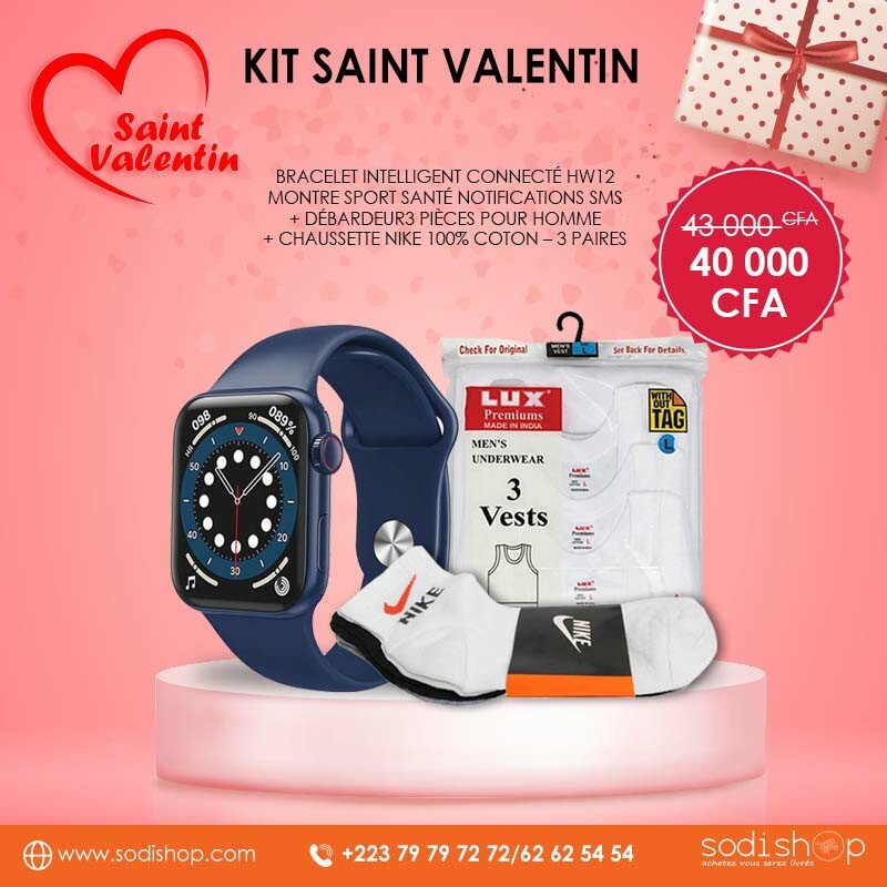Kit Saint Valentin Cadeaux Pour Lui - Montre Intelligente HW12 + Débardeurs 3 Pièces et 3 Paires de Chaussettes Nike SODI00
