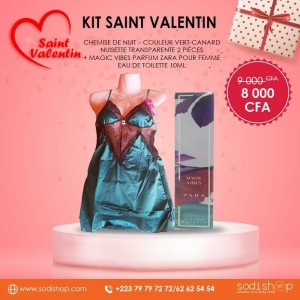 Kit Saint Valentin Cadeau Pour Elle - Nuisette Vert-Canard Transparente + Parfum Zara Magic Vibes 10ml SODI00