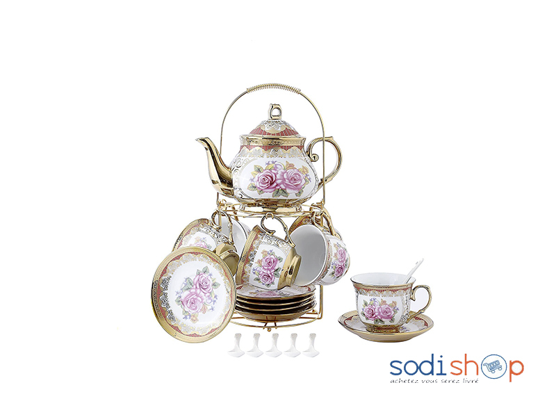 Ensemble Théière et Tasses à Café Tea Set - 13 Pièces avec Soucoupes LB0060