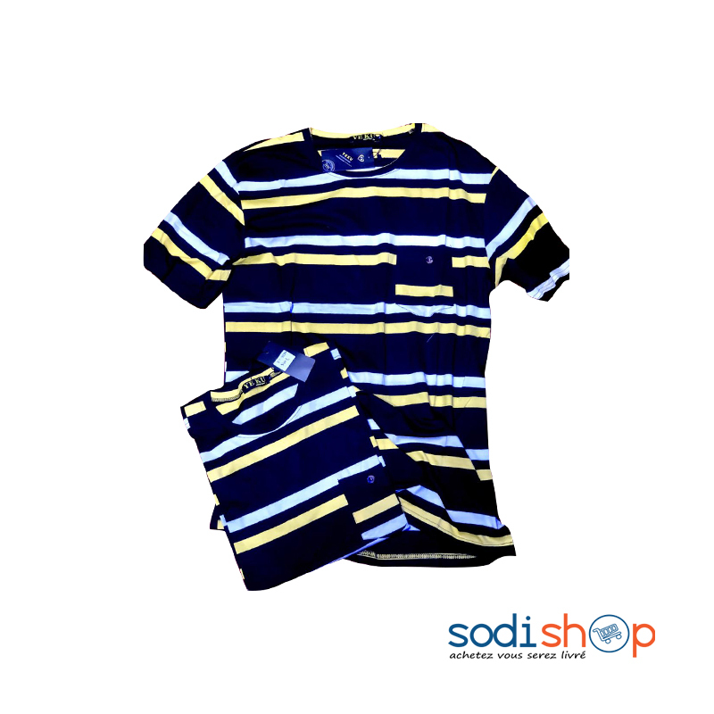 T-Shirt à Rayure - Couleur Noir et Jaune Manches Courtes BK0096
