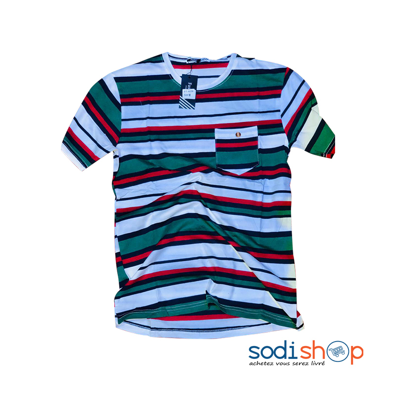 T-Shirt à Rayure - Couleur Vert et Blanc Col Rond BK0096