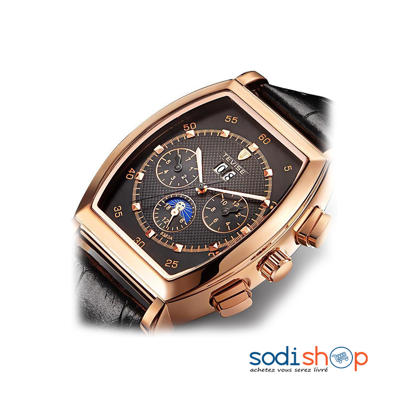Tevise T-8383A - Montre Automatique Pour Homme Indicateur de Date Bracelet en Cuir Noir et Marron DUB0101