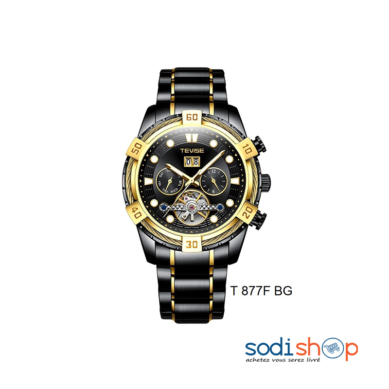 Montre Automatique Sport Tevise T-877F - Style Luxueux Couleur Noir et Doré Pour Homme DUB0101