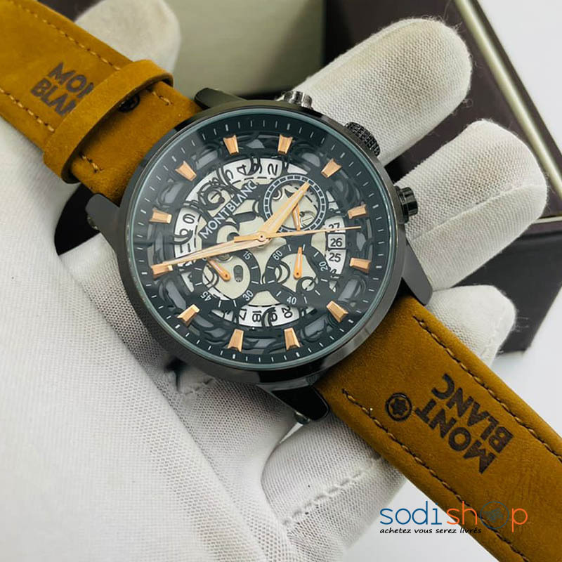 Montre de Luxe Montblanc Pour Homme - Bracelet en Cuir Accessoire Stylé Marron et Argent DIA00169 – Image 3