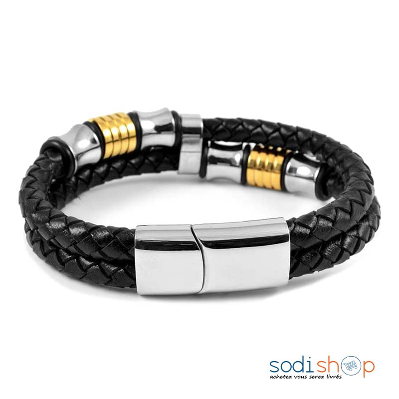 Coffret Bracelet Artisanal Tressé - Matériau en Cuir Véritable Noir et Doré DIA00169