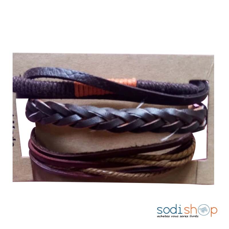 Bracelets Tressés Original Véritable Cuir - 3 Pièces Couleur Marron DIA00169