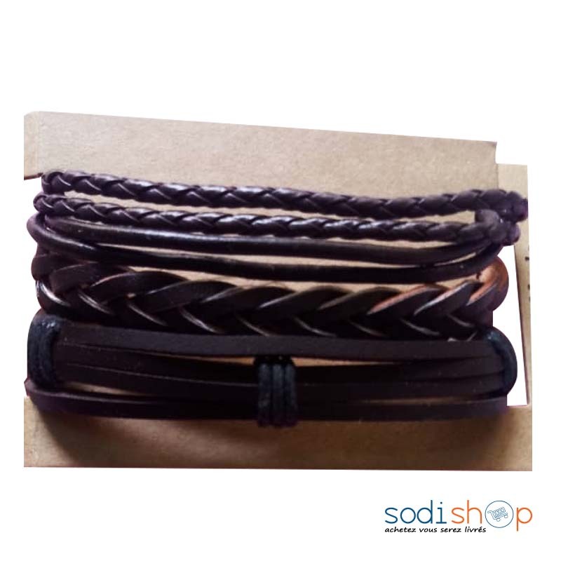 Bracelets Tressés Original Véritable Cuir - Couleur Marron 3 Pièces DIA00169