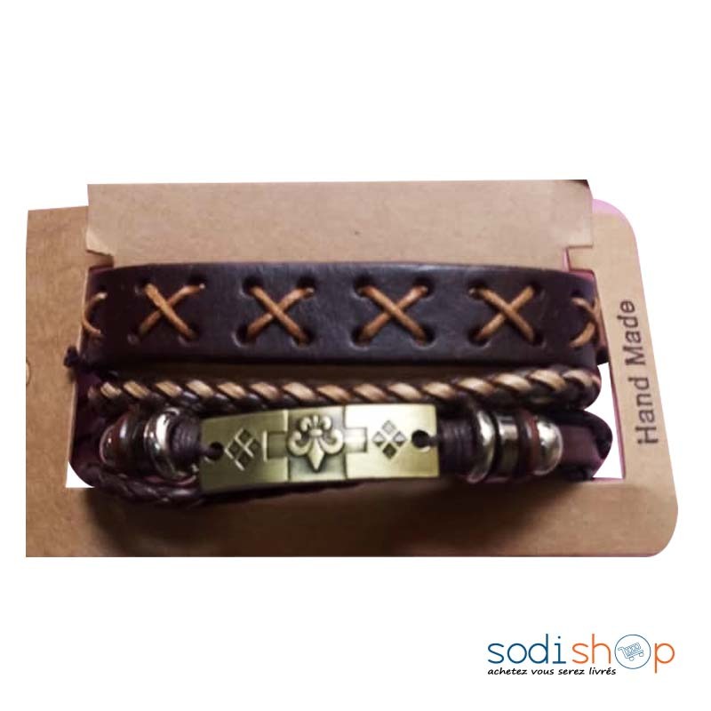 Bracelets Tressés Original Couleur Marron - Véritable Cuir 3 Pièces DIA00169