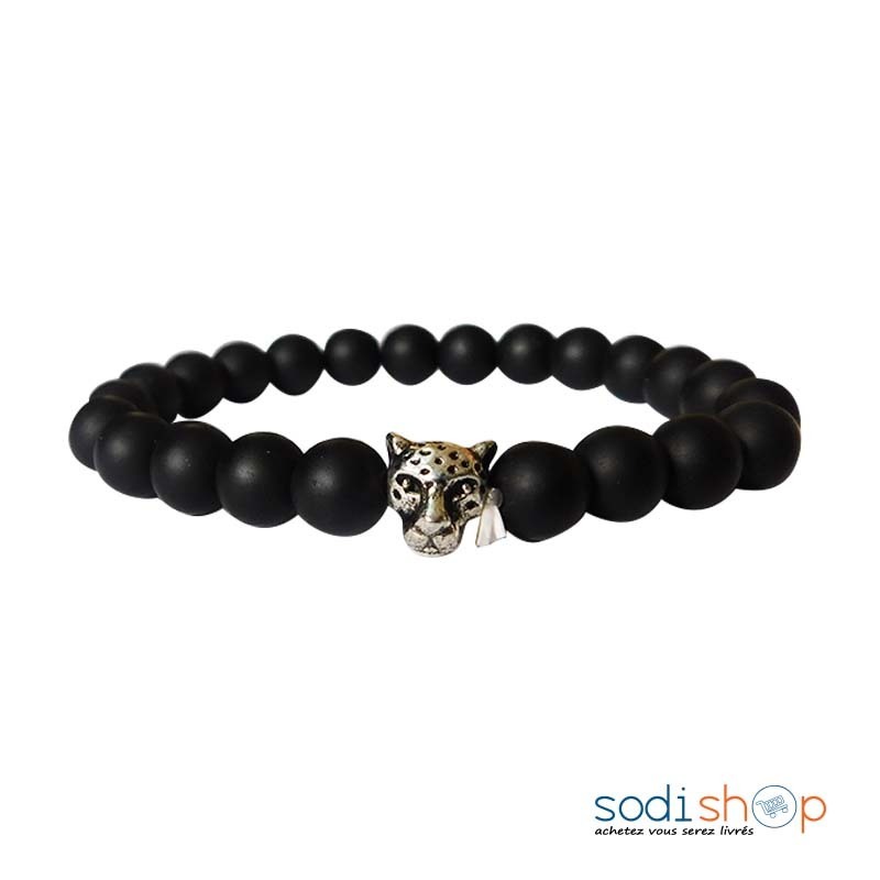 Bracelet en Pierre de Lave et Une Tête de Léopard Argentée - DIA00169