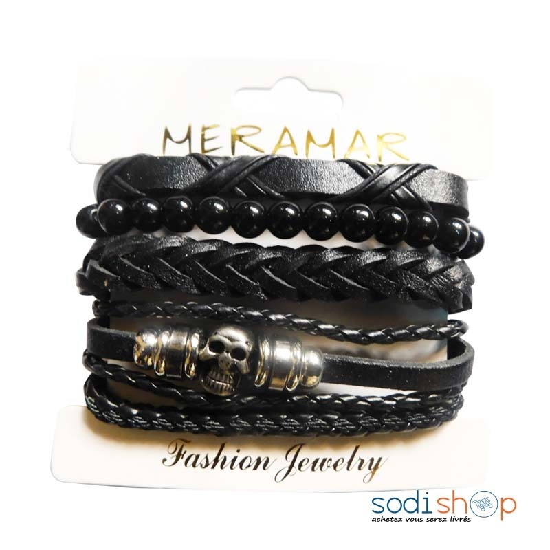 Bracelets Tressés en Simili Cuir avec une Tête de Mort en Acier Inoxydable – Couleur Noir DIA00169