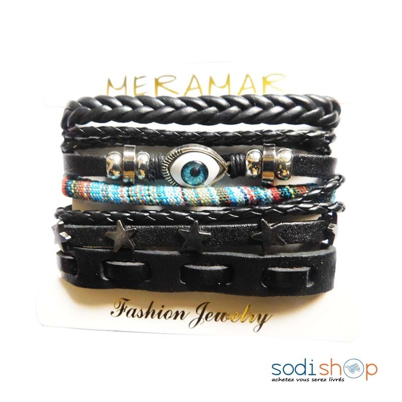 Bracelet simili cuir noir tressé avec des ornements - Superbe bijou homme pas cher - DIA00169