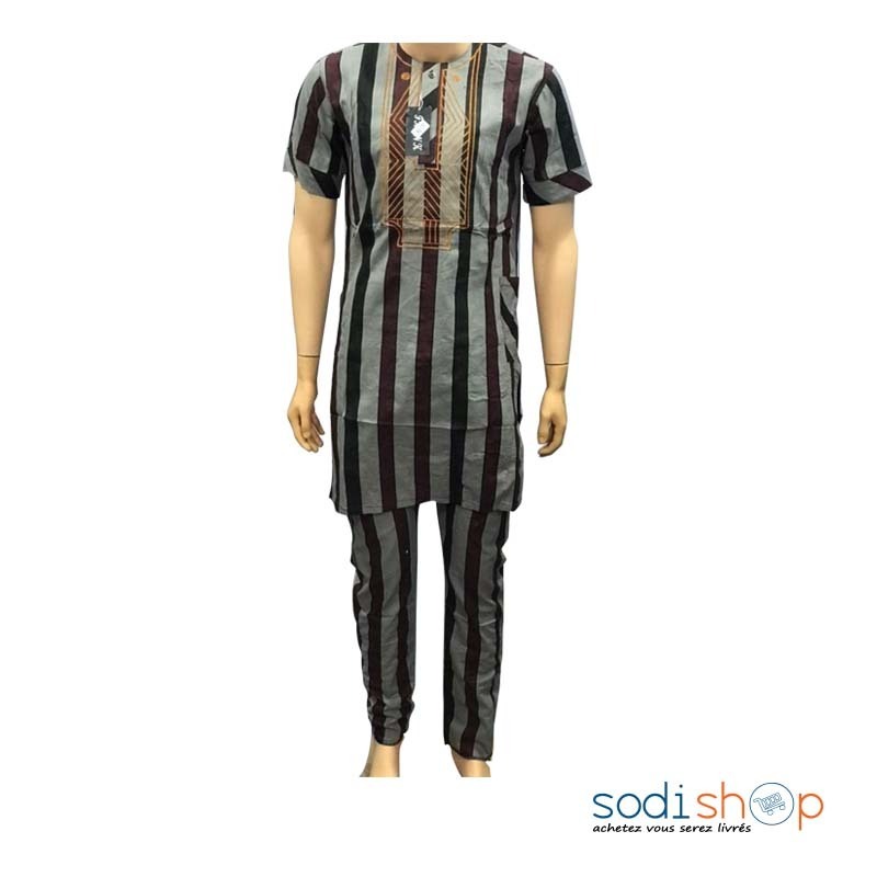 Vêtements Pour Homme Boubou en Coton - Tissu Élégant – 2 Pièces Couleurs Gris-Noir et Rose-Blanc - BIT00171
