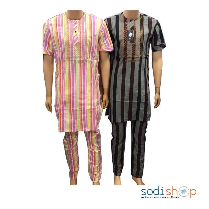 Vêtements Pour Homme Boubou en Coton - Tissu Élégant – 2 Pièces Couleurs Gris-Noir et Rose-Blanc - BIT00171 – Image 2