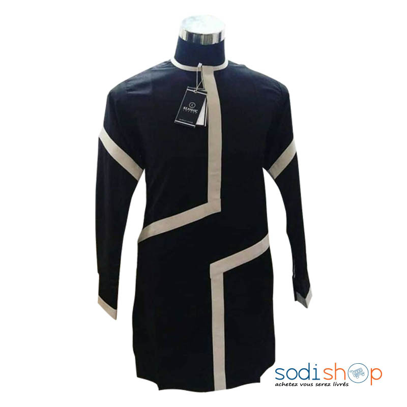 Boubou Élégant Chemise Longue + Pantalon Pour Homme - Motif Africain Noir et Beige TSU00186