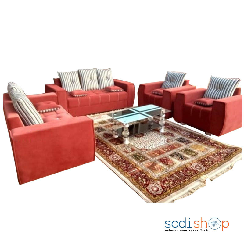 Fauteuils Classiques Salon Complet 8 Places + Tapis Turque et Table en Verre - Style Moderne Rouge TRQ00175
