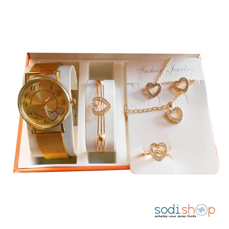 Coffret Cadeau Pour Femme - Montre Bracelet avec Collier et Accessoires de Luxe Couleur Doré MKS00193
