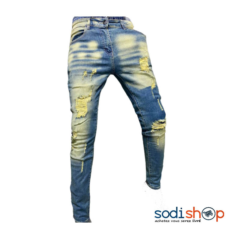 Jean Slim - Conception Tendance Pantalon Blessé Jaune et Bleu - OUJ00194