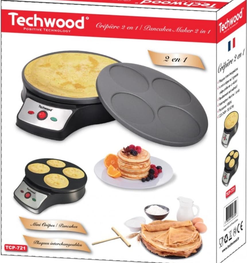 Crêpière Electrique 2en1 Techwood TCP-721 1000 Watts - Machine à Crêpe avec Plaque de Cuisson Interchangeable BZE00199