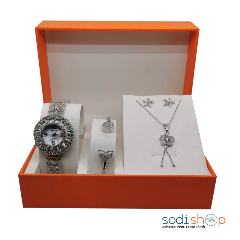 Coffret Cadeau Pour Femme - Montre Bracelet avec Collier et Accessoires de Luxe Argenté MOH00203