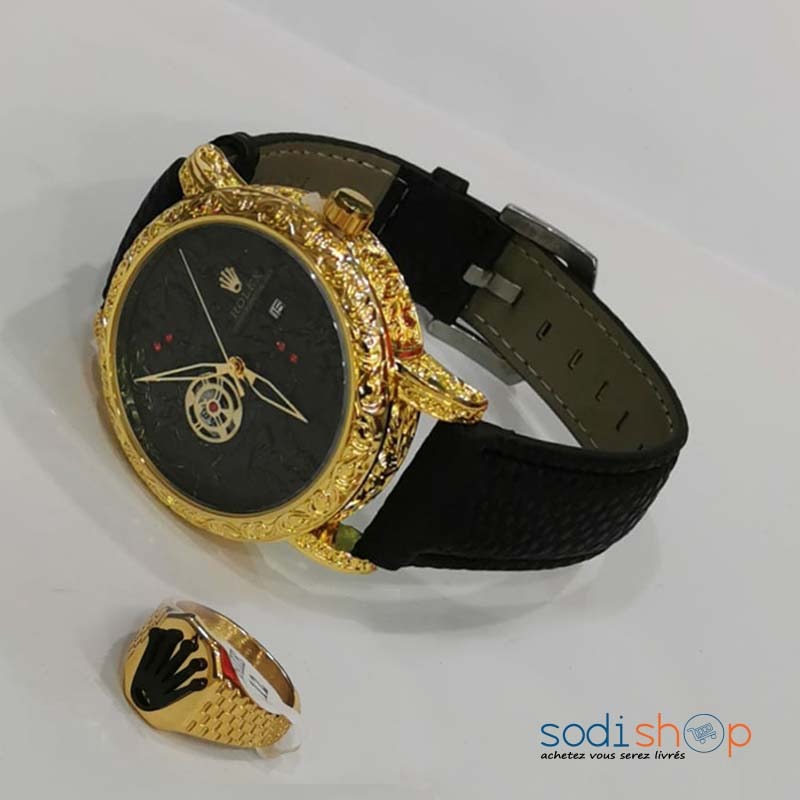 Rolex Montre - Cadran Noir En Acier Inoxydable - Bracelet En Cuir + Bague Pour homme -MOH00203