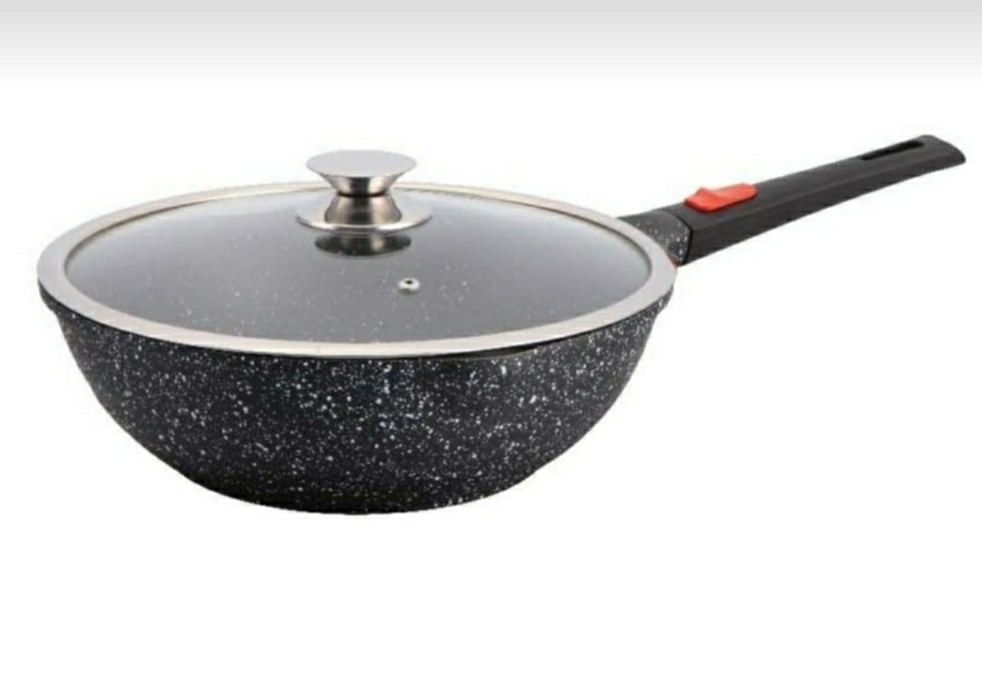 Poêle Wok en Aluminium Intérieur Pierre Granite 28 cm - Compatible Tous Feux Ustensile de Cuisine BZE00199