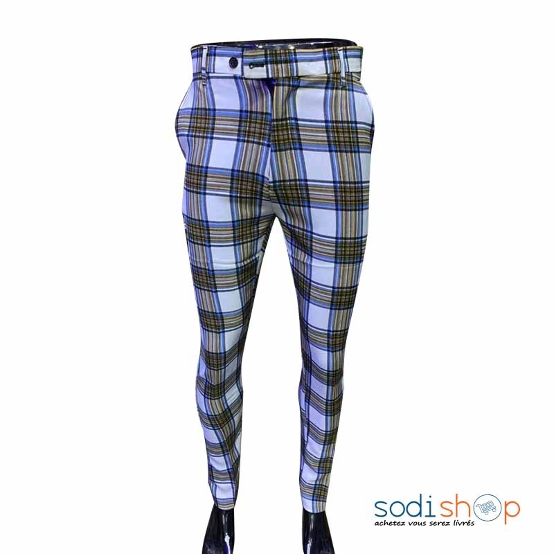 Pantalon Tissu Motif à Carreaux Bleu et Blanc - Pour Homme MOH00203