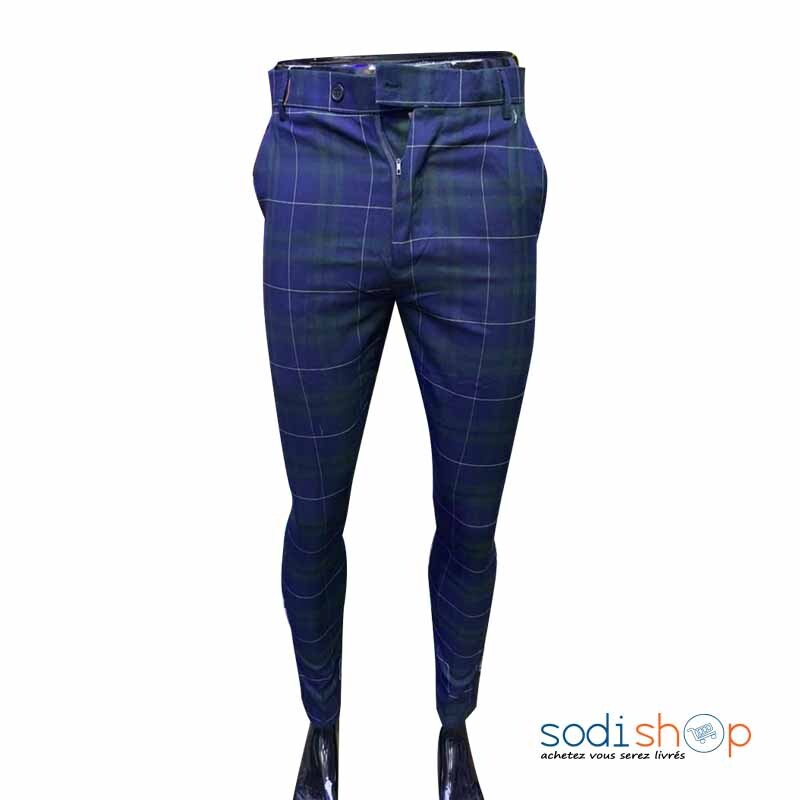 Pantalon Tissu Motif à Carreaux Bleu Marine - Pour Homme MOH00203