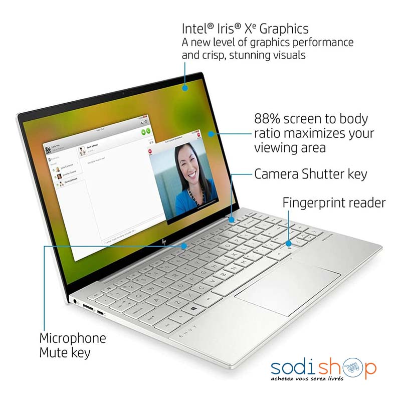 Ordinateur portable à écran tactile HP Envy 13-ba1085cl 13,3", Intel Core i7-1165G7, 16 Go de RAM DDR4, 512 Go SSD, Intel Iris Xe Graphics, Windows 10 Home SODIEXP01D