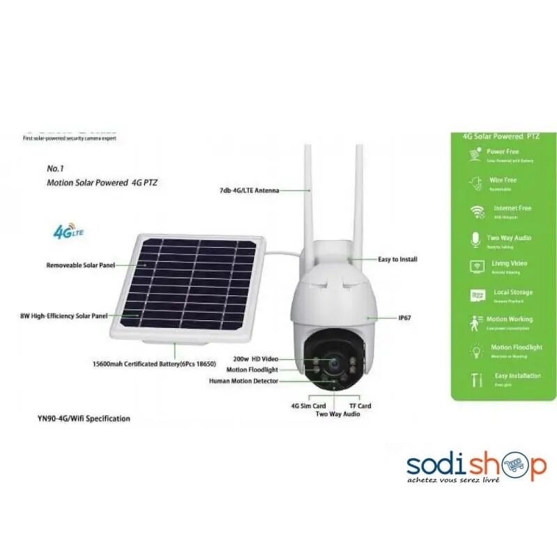 Caméra Solaire 4G PTZ - SolarCam Carte SIM Vidéo HD Wifi Microphone SODIEXP01D – Image 2