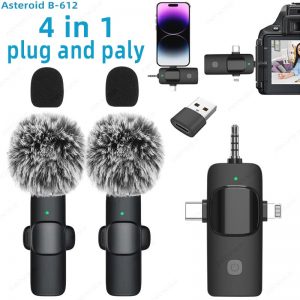 Microphone Lavalier sans fil professionnel 4 en 1 pour iPhone et Android, 3.5mm, radio en direct, réduction du bruit statique, mini micro-ordinateur AI0001