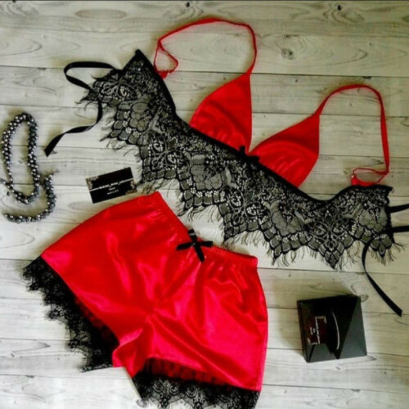 Ensemble de lingerie sexy à lacets pour femmes, pyjamas pour femmes, soutien-gorge en Y, short en fibre, poitrine, col en V, 2 pièces AI0001 – Image 5