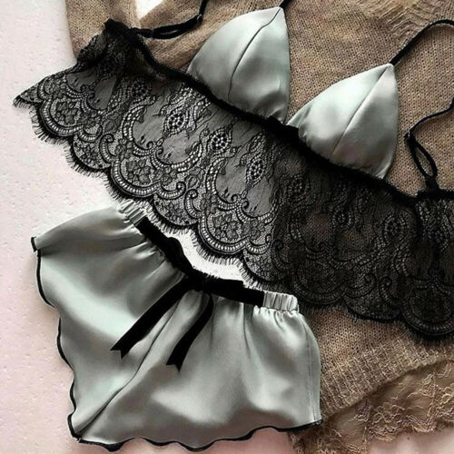Ensemble 2 pièces sous-vêtements Sexy en Satin de soie pour femmes, Lingerie, haut court, soutien-gorge et short, Sexy, col en v, sans manches, vêtements de nuit AI0001 – Image 7