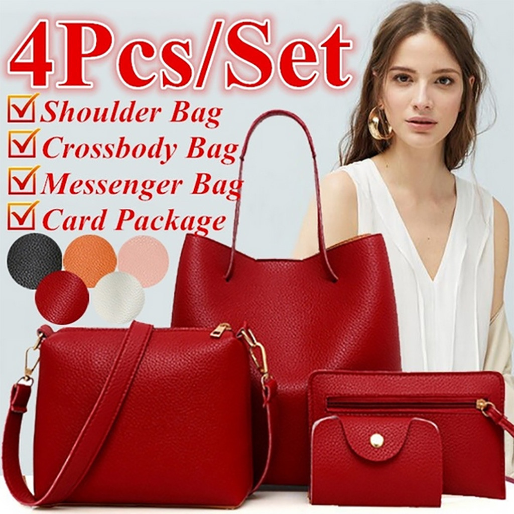 Sac à main en cuir PU souple pour femme, grand ensemble fourre-tout, sac à bandoulière, sacs de messager, porte-cartes, pochette à fermeture éclair, 4 pièces AI0001 – Image 7