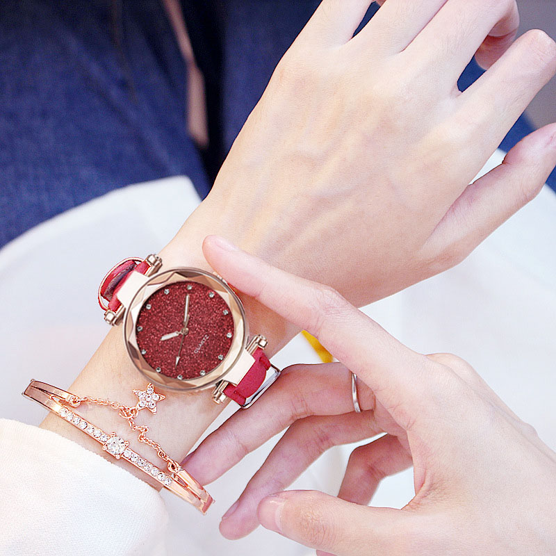 Ensemble de montres à Quartz en cuir et diamant pour femmes, Bracelet de poignet, ciel étoilé romantique, horloge Simple, Gfit AI0001 – Image 2
