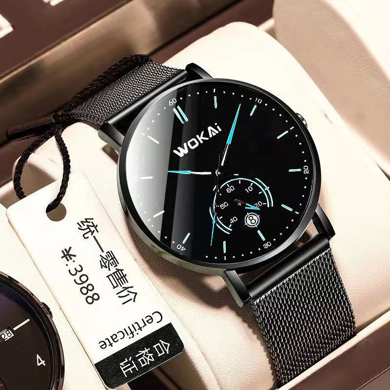 WOKAI – montre en maille d'acier inoxydable pour homme, ultra-mince, mode, calendrier, sport, loisirs, affaires, horloge lumineuse étanche AI0001 – Image 7