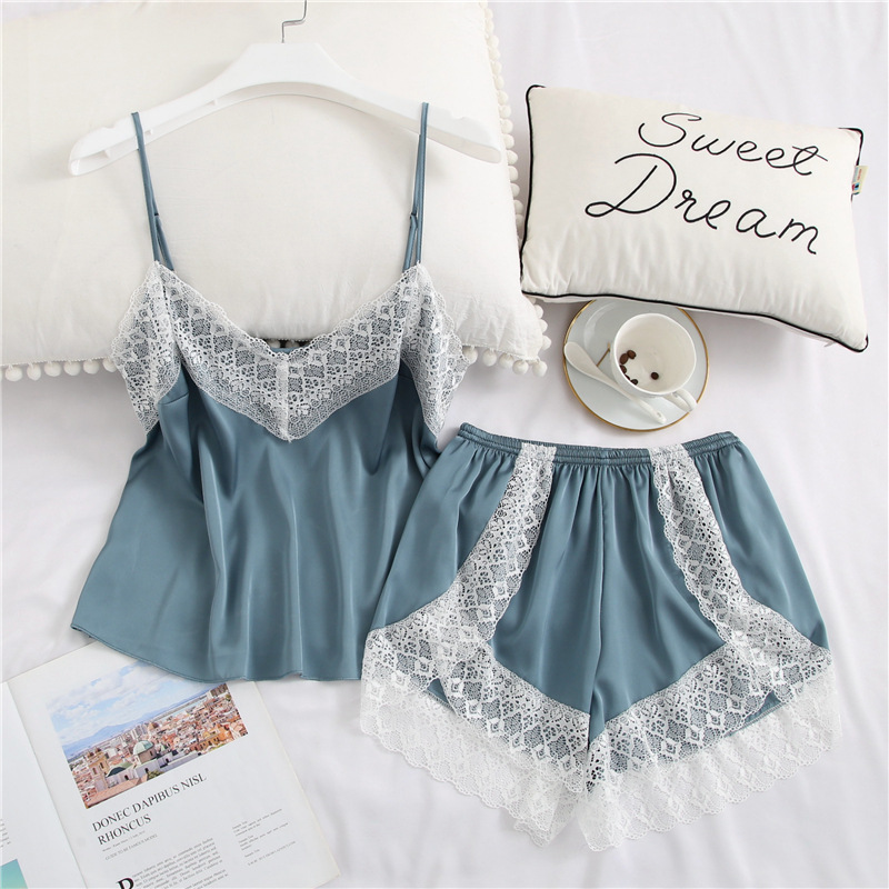 Ensemble pyjama en Satin pour femmes, haut et short, bretelles Spaghetti, vêtements de nuit en soie, été 2019 AI0001 – Image 6