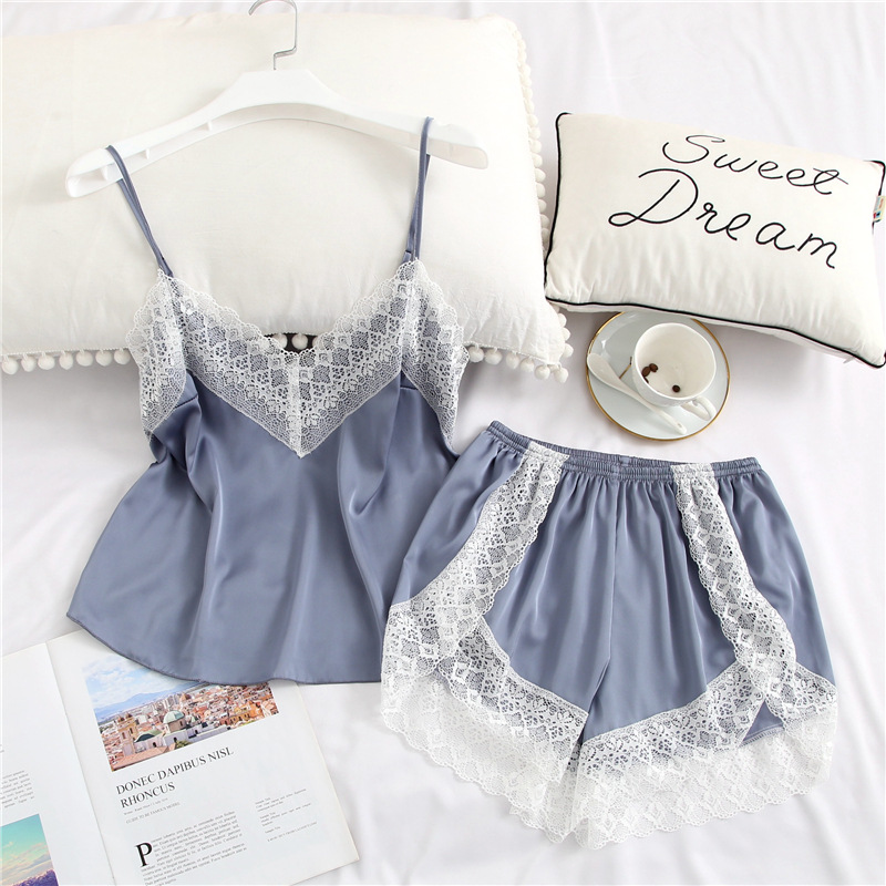 Ensemble pyjama en Satin pour femmes, haut et short, bretelles Spaghetti, vêtements de nuit en soie, été 2019 AI0001