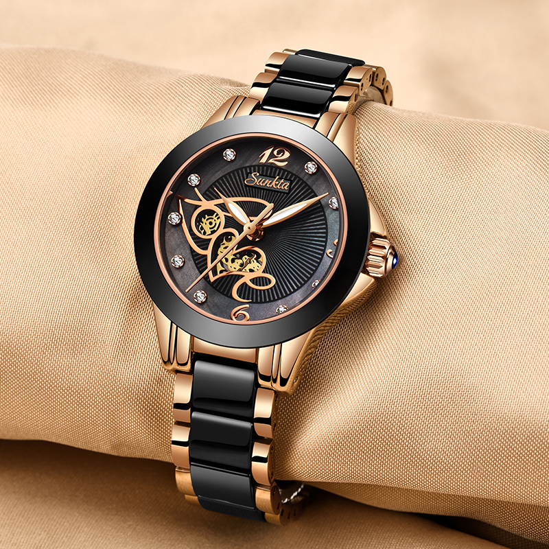 SUNKTA – montres de luxe pour femmes, en céramique noire, diamant, montre-bracelet étanche à Quartz, cadeau d'horloge AI0001 – Image 4