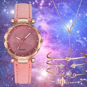 Ensemble de montres à Quartz en cuir et diamant pour femmes, Bracelet de poignet, ciel étoilé romantique, horloge Simple, Gfit AI0001