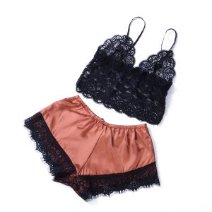 Ensemble 2 pièces sexy pour femmes, vêtements de nuit, col en v, sous-vêtements, lingerie en satin, pyjamas, soutien-gorge Y + shorts AI0001