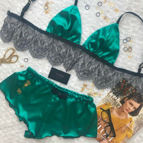 Ensemble 2 pièces sous-vêtements Sexy en Satin de soie pour femmes, Lingerie, haut court, soutien-gorge et short, Sexy, col en v, sans manches, vêtements de nuit AI0001 – Image 5
